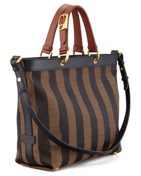 fendi pequin striped shoulder tote bag tobacco black brown|Fendi Pequin Tote .